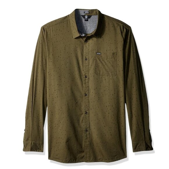 VOLCOM Men's Smashed Star Long Sleeve Button Up Military Green Modern Fit Shirt - Picture 1 of 13